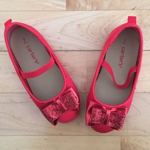 Red dress shoes with glitter bow
